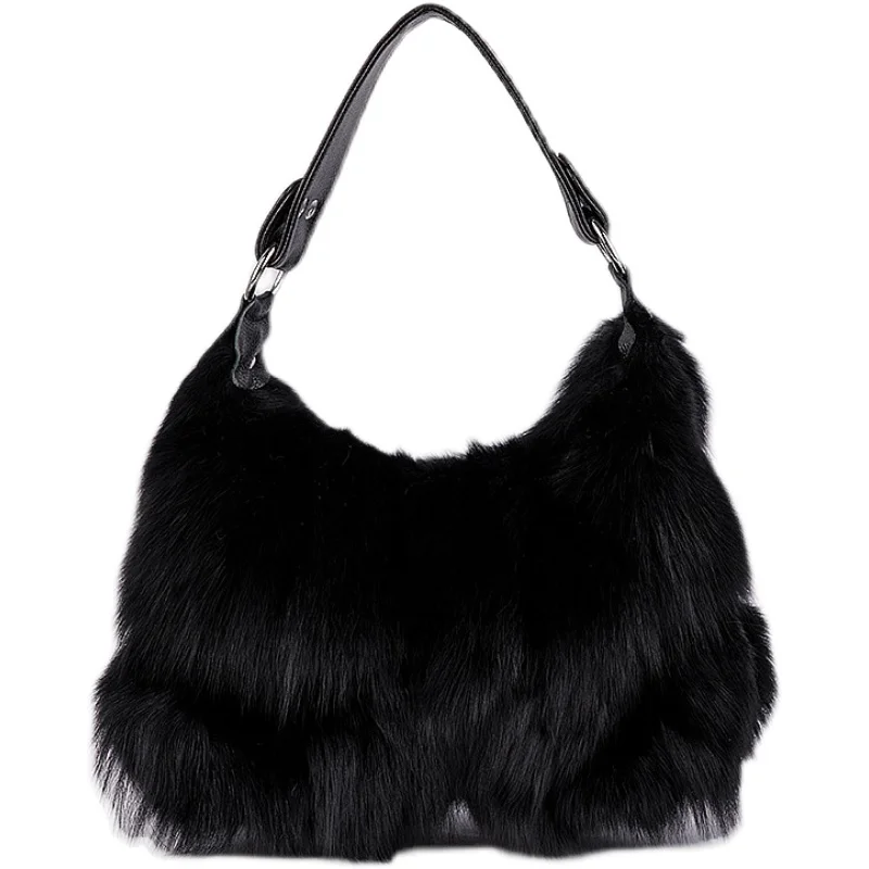 New Real Fox Fur Bags Women Message Single Shoulder Crossbody Bags Silver Fox Fur Large Lady Clutch Bag