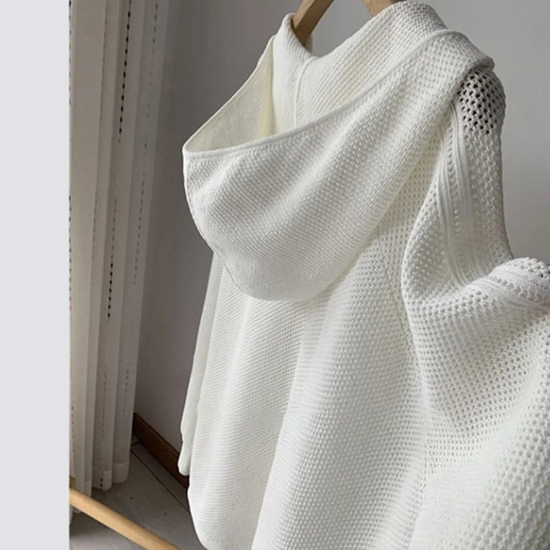 

2022 Fall New Loose White Hooded Knitted Sweaters Women Hollow Out Long Sleeve Knitwear Hoodies Pull Femme Casual