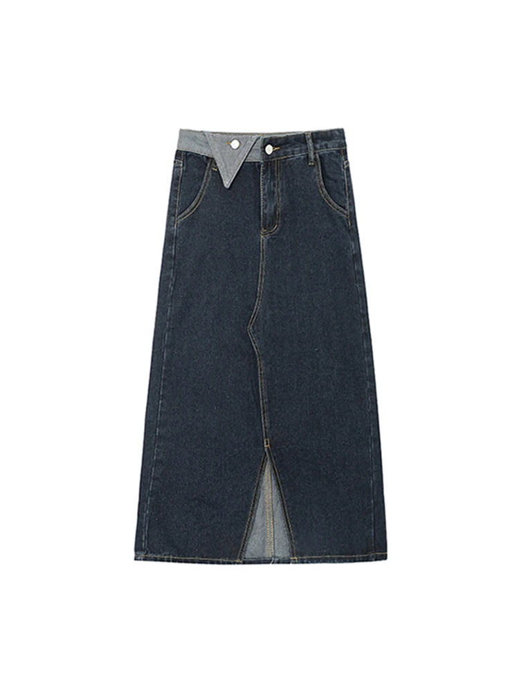 

Retro Solid Color Patchwork Women Mid-long Denim Skirts 2023 Spring High Waist Roll Up Hem Lady Skirt Slit Vintage Simple Chic