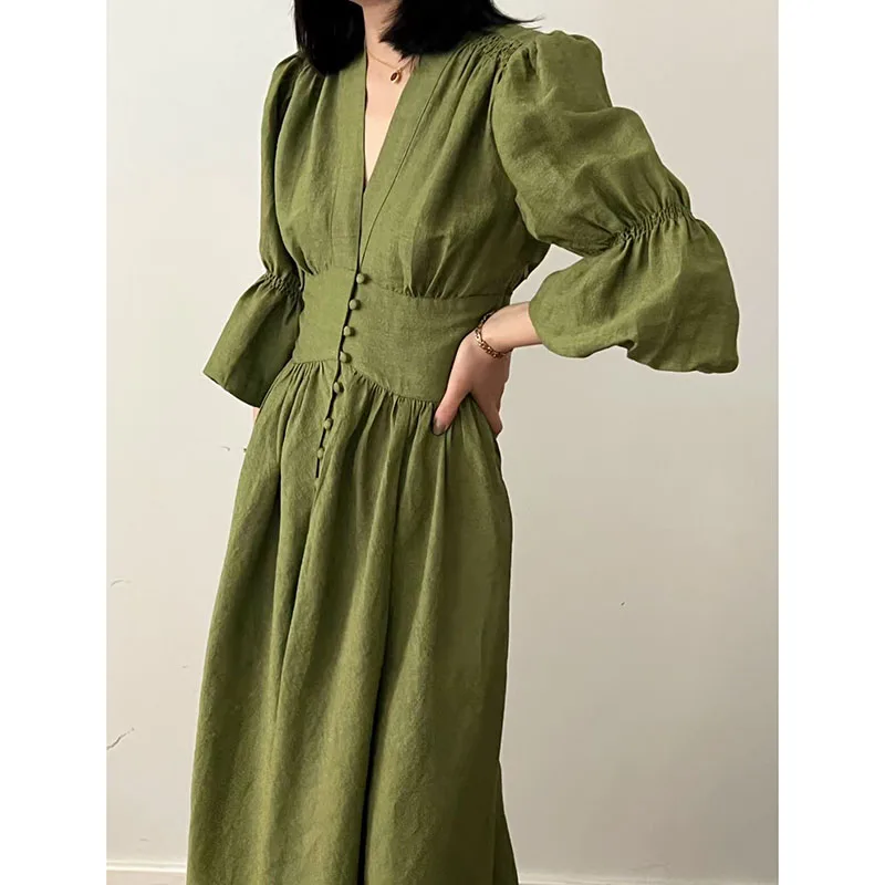 

2022 New Fasion Summer Natural Organic Yarn Light French Court Dress High Quality Elegant Women Dress SILK Linen Casual Robes