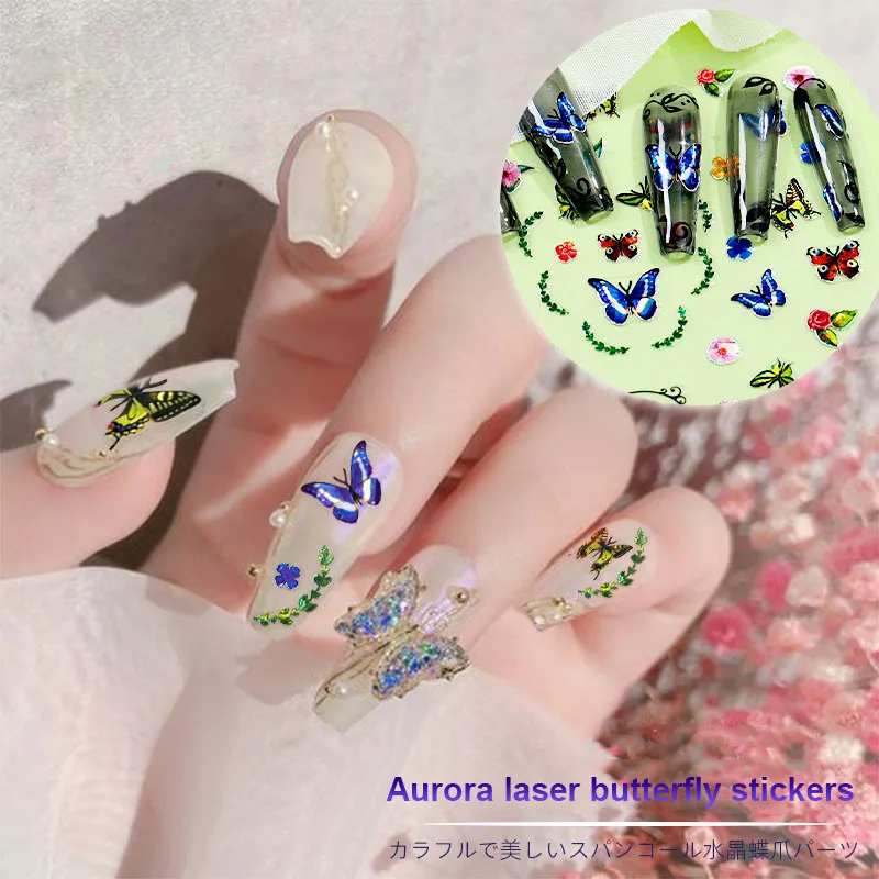 3D butterfly stickers press on nails polish pegatinas Summer nail decals holographic sliders foil fashion design manicura deco
