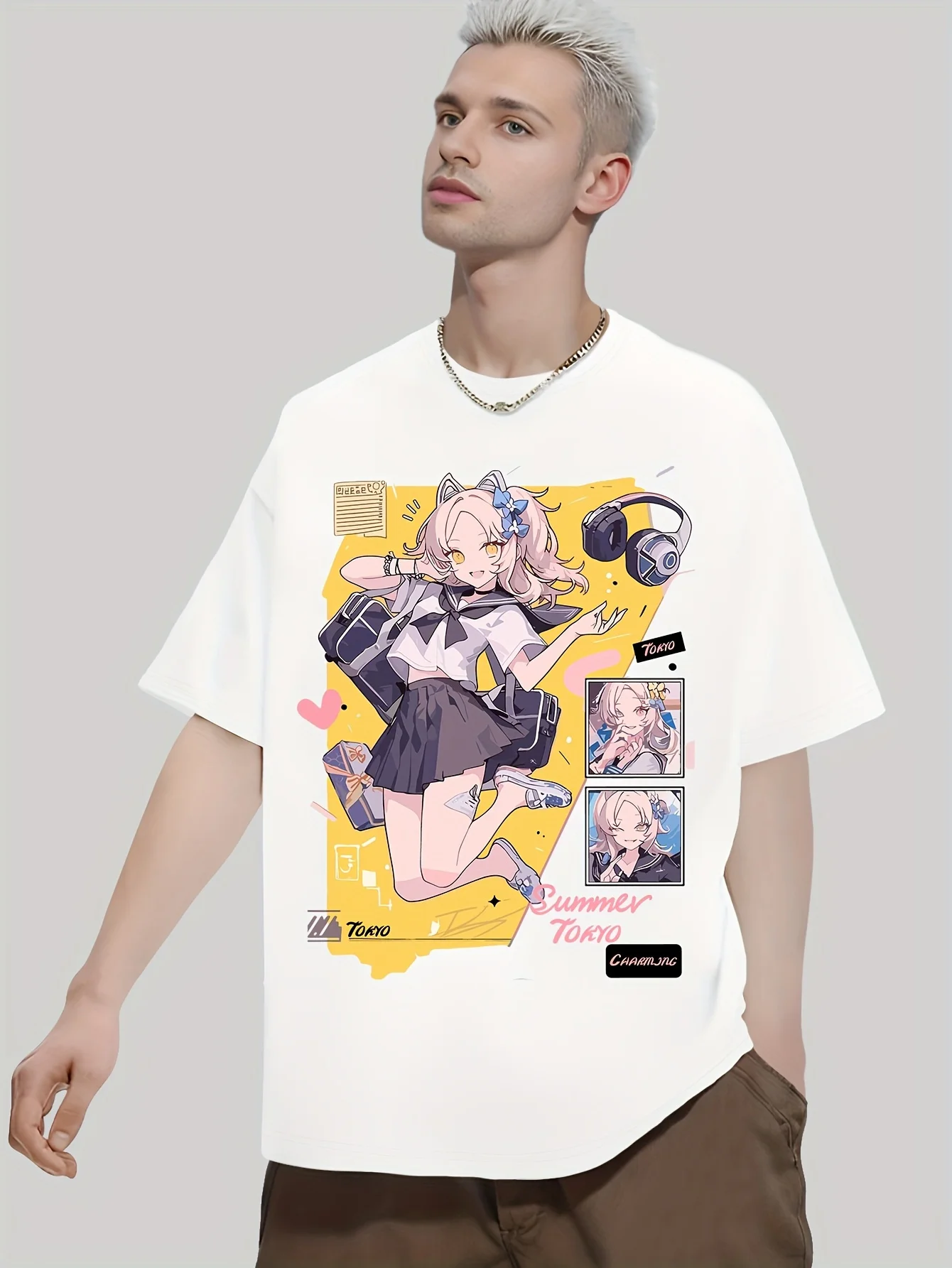 Anime Girl prints with her pet pattern anime clothes t shirt oversized kaws mens shirts