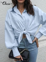 celmia fashion women shirts office ladies lapel long puff sleeve tunics summer streetwear pockets all match blouse buttons tops
