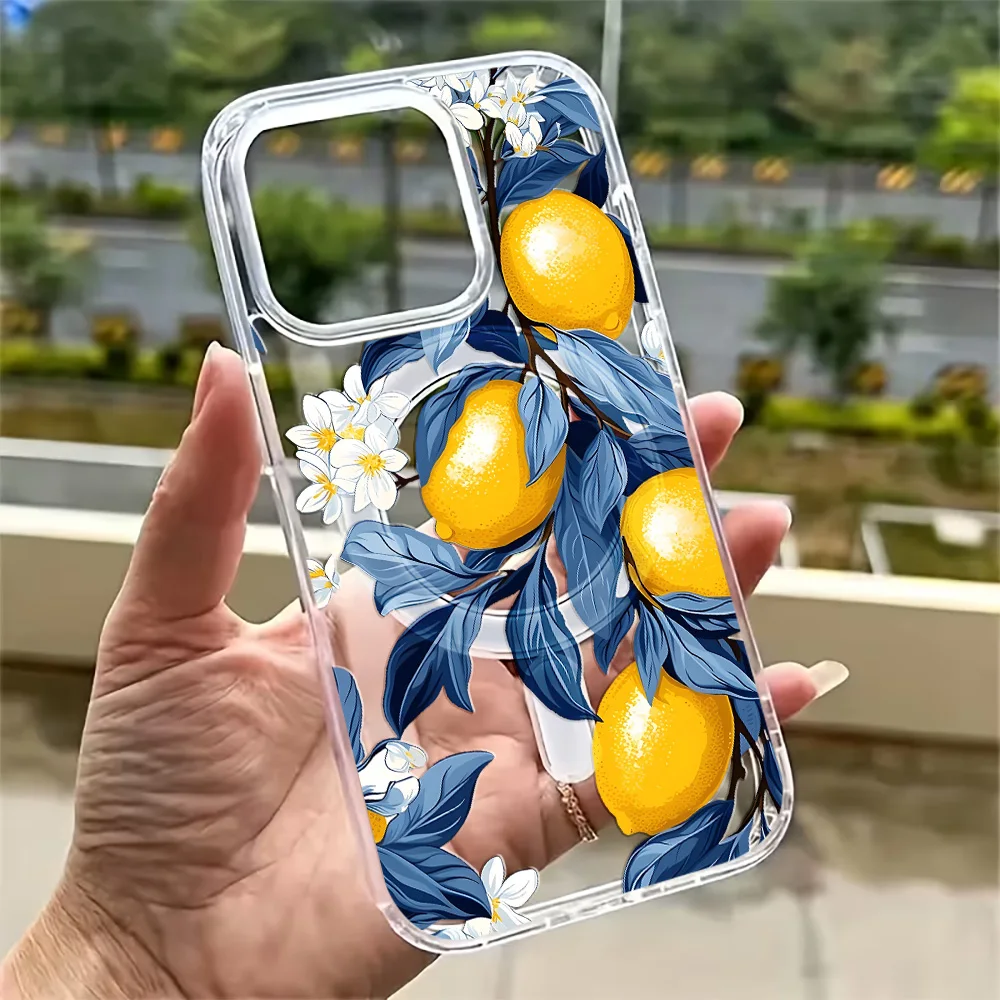 Фото Летний чехол для телефона с лимонным принтом для iPhone 17, 16, 15, 14, 13, 12, 11 Pro Max Plus, 17Air, 16e, с поддержкой MagSafe, магнитной беспроводной зарядки, прозрачный №4
