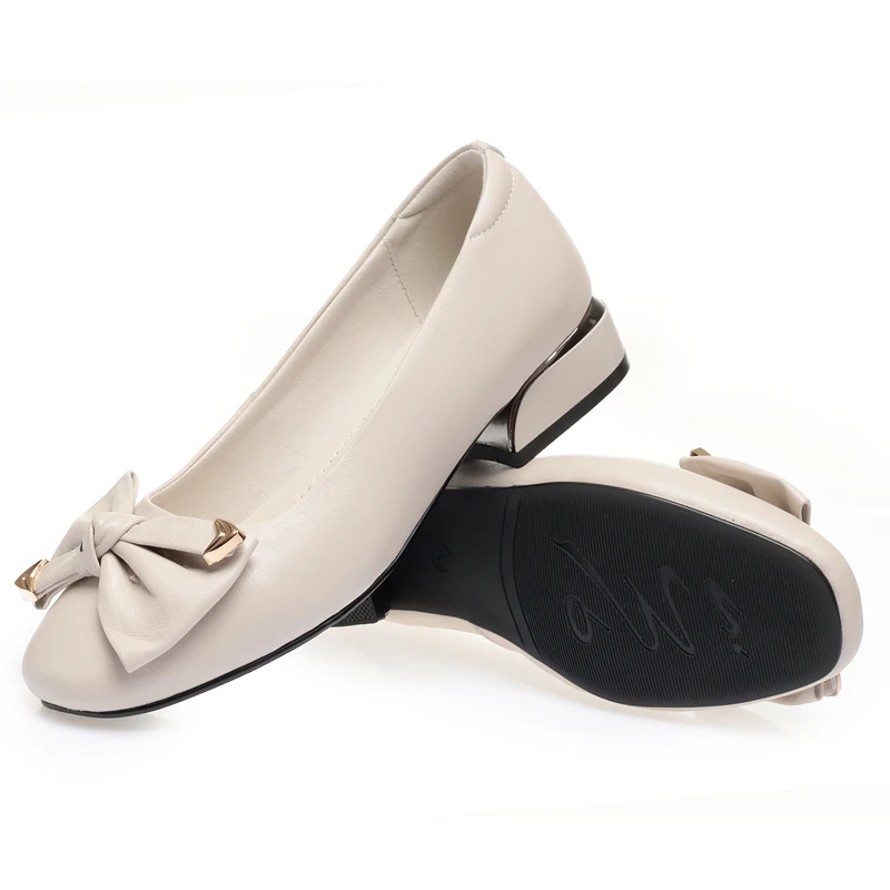 AIYUQI Women's Spring Shoes New 2023 Genuine Leather Mid-heel Red Shoes Women Round Toe Shallow Bow Women Shoes