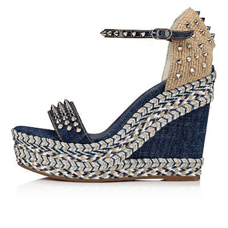 Blue Denim Woven Wedge Sandals Fashion Rivet Strap Open Toe High Heel Sandals Ankle Buckle Fashion Party Shoes for Women