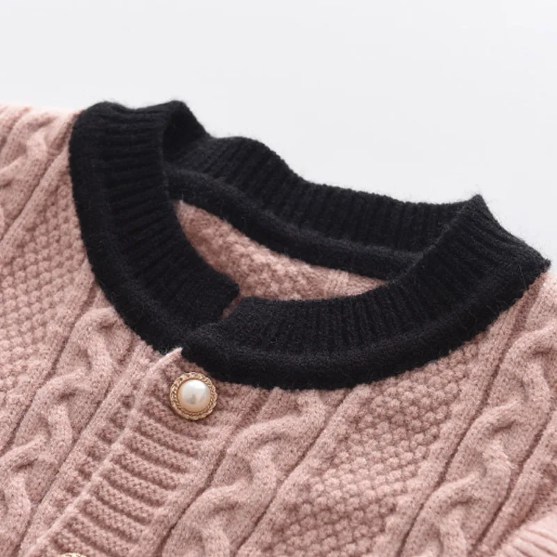 Winter Spring Unhooded Cotton Single Breasted Skin Color Plaid Round Neck Women Sweater Set Long Sleeve Lace