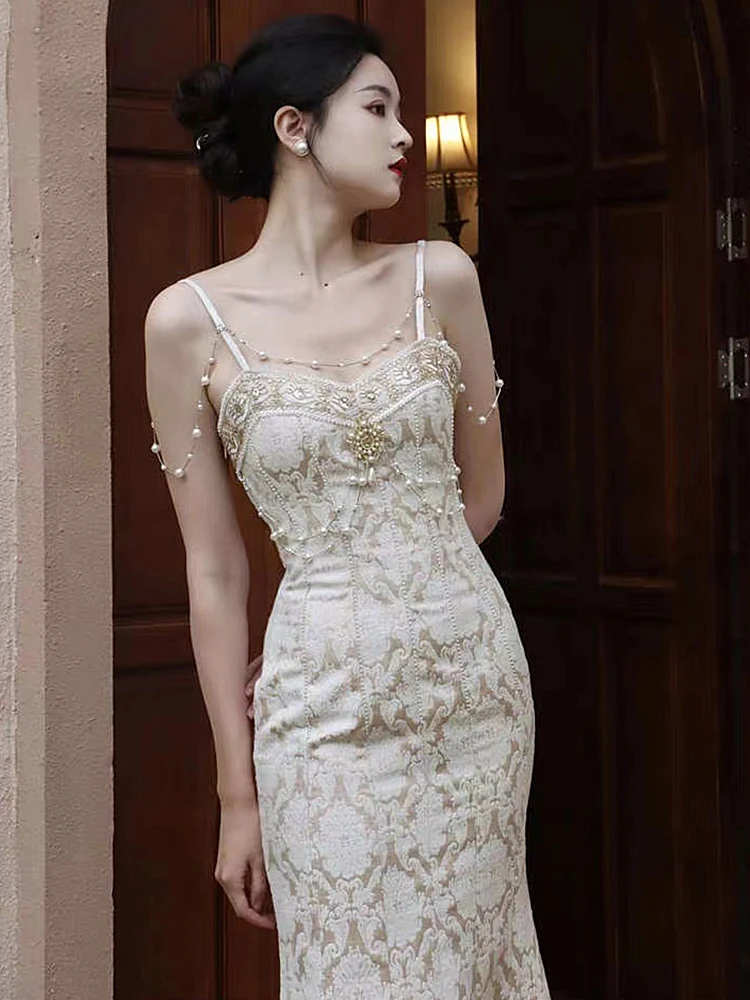 

Elegant Gorgeous Evening Dresses For Women Court Style Vintage Fishtail Prom Spaghetti Dress Vacation Beach Summer Vestidos 2022