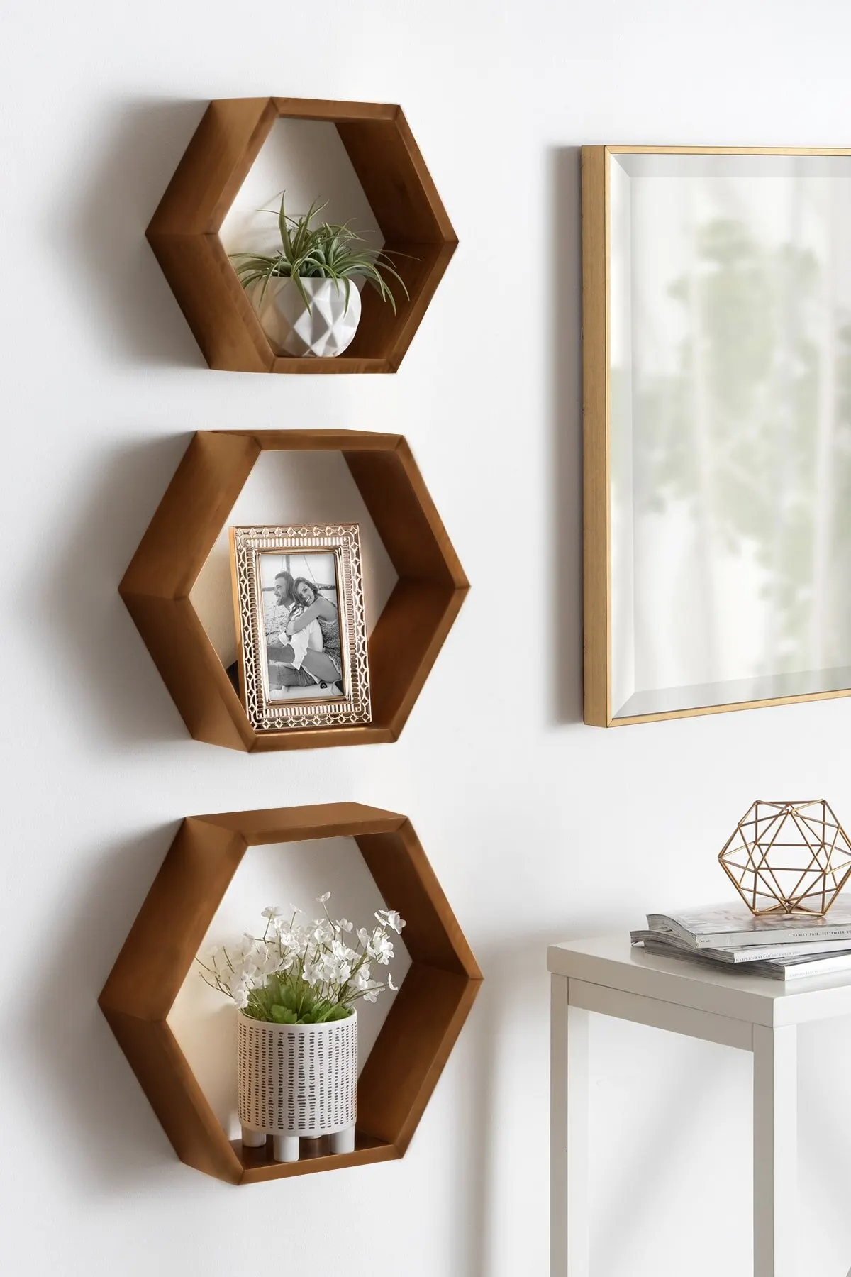 Wood 3 PCs Hexagonal Honeycomb Wall Rack Wall Mounted Shelves Indoor Outdoor Decoration Simple 2022 New Desing Modern Minimalist