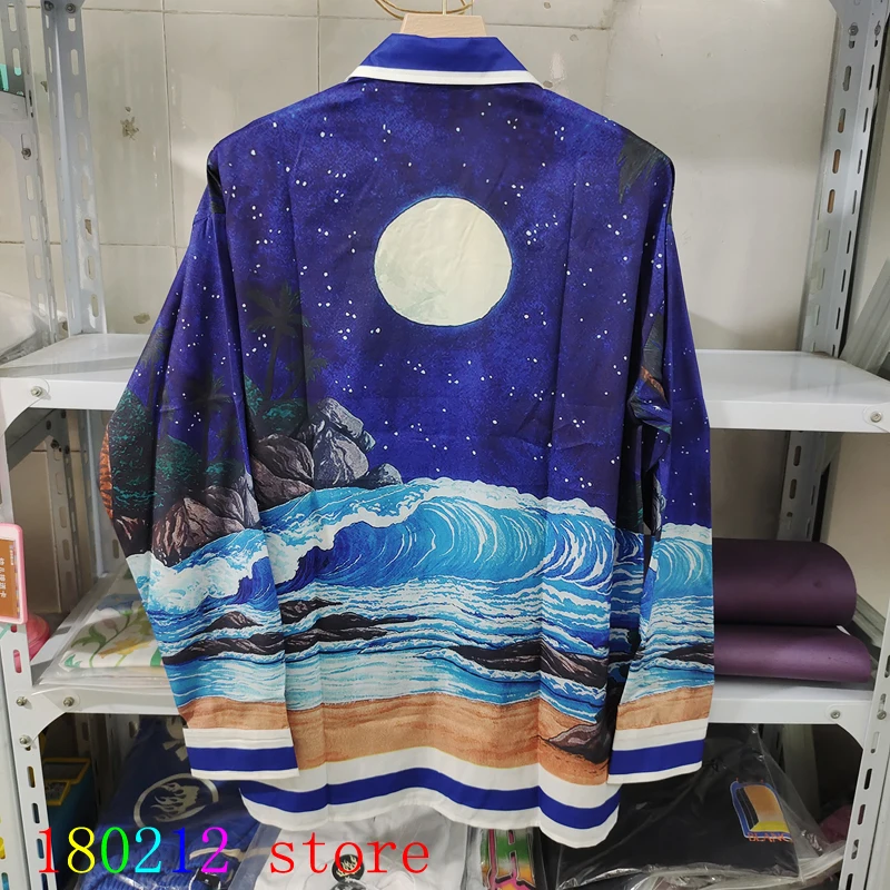 

Голубая рубашка Касабланка ночное небо Луна серфинг волна принт тонкая ткань с длинным рукавом для мужчин женщин Гавайская пляжная рубашка блузка