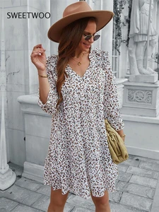 Ladies Vintage Boho Spring Summer Print Chiffon Dress Women Casual Ruffles Loose Bohemian Beach Mini Women Dress Female Vestidos