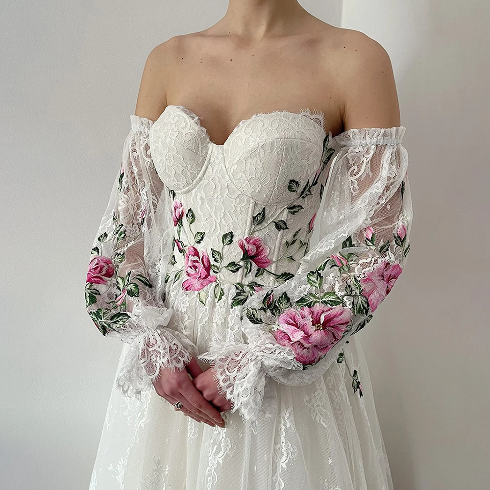 

Цветочная вышивка съемные Длинные Пышные рукава свадебное платье на заказ милое Романтический Кружевной Корсет принцесса свадебные платья