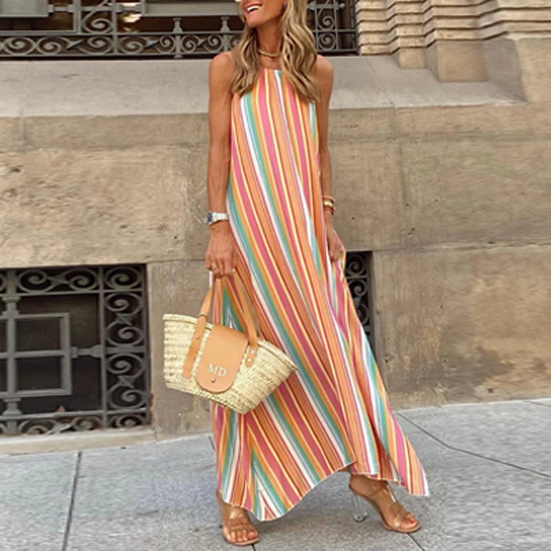 

Sexy Summer Sleeveless Beach Hem Irregular Dress 2022 New Loose Hollow Bohemian Dresses Casual Women O Neck Sling Striped Dress