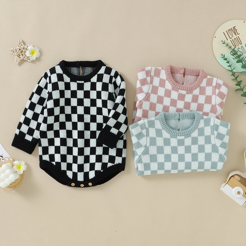 

Infant Baby Girls Boys Bodysuits Checkerboard Plaid Round Neck Long Sleeve Knitted Sweater Jumpsuits Fall Winter Bodysuits