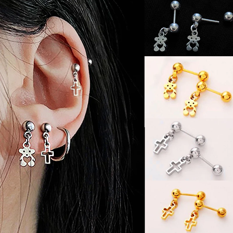 

2PC Stainless Steel Screw Ear Studs Bear Heart Cartilage Korean Helix Piercing Tragus Conch Mini Stud Earrings Ear Pierc 16g 20g