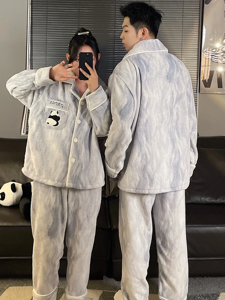Autumn and Winter Coral Fleece Couple Pajamas Women Thickened Fleece-lined Warm 2024 New Cartoon Men's Homewear