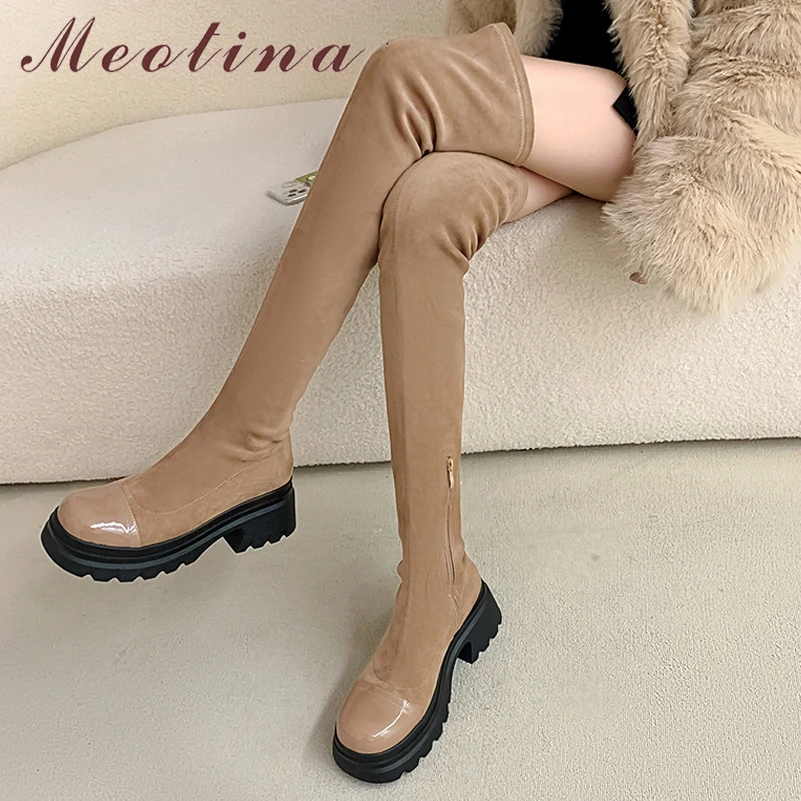 

Женские ботфорты из натуральной кожи Meotina, осенне-зимние высокие сапоги на толстом высоком каблуке и платформе, с круглым носком, на молнии