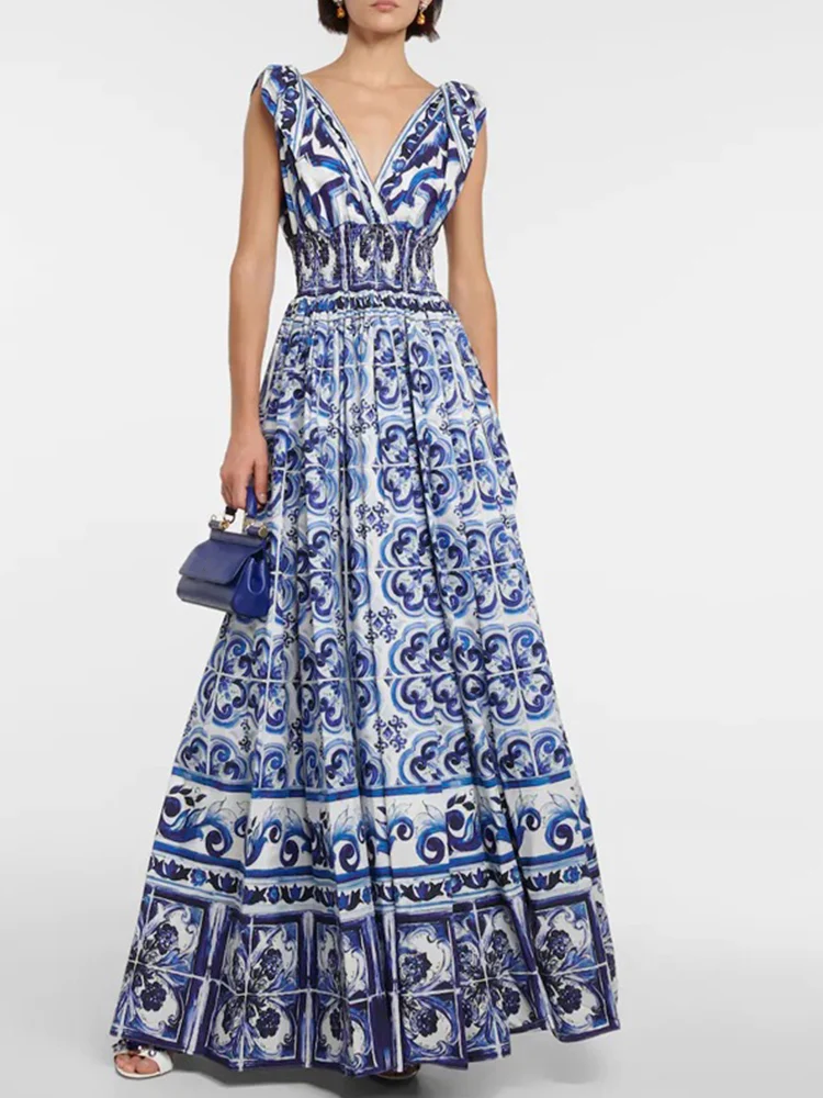 Роскошное ретро-принтное сексуальное модное платье с v-образным вырезом и