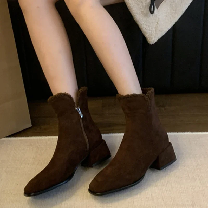

Ankle Women Fur Concise Mid Heels Boots Square Toe Elegant Warm Shoes Winter 2024 New Short Plush Designer Brand Mujer Footwear