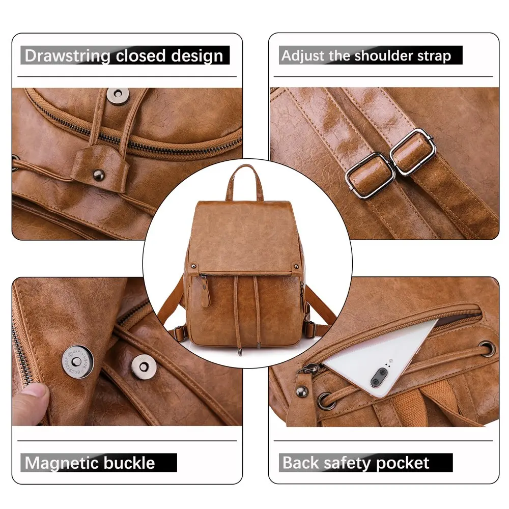 Women Purse Backpack Fashion Flap bag Reinforced Straps Travel PU Leather Rucksack