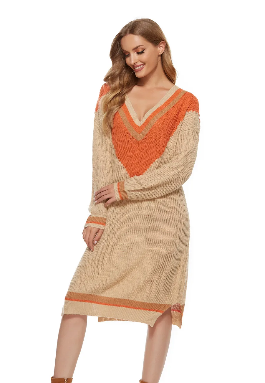 2022 Autumn and Winter Korean Version Long V-neck Sweater Striped Dresses Pullover Loose Vestidos