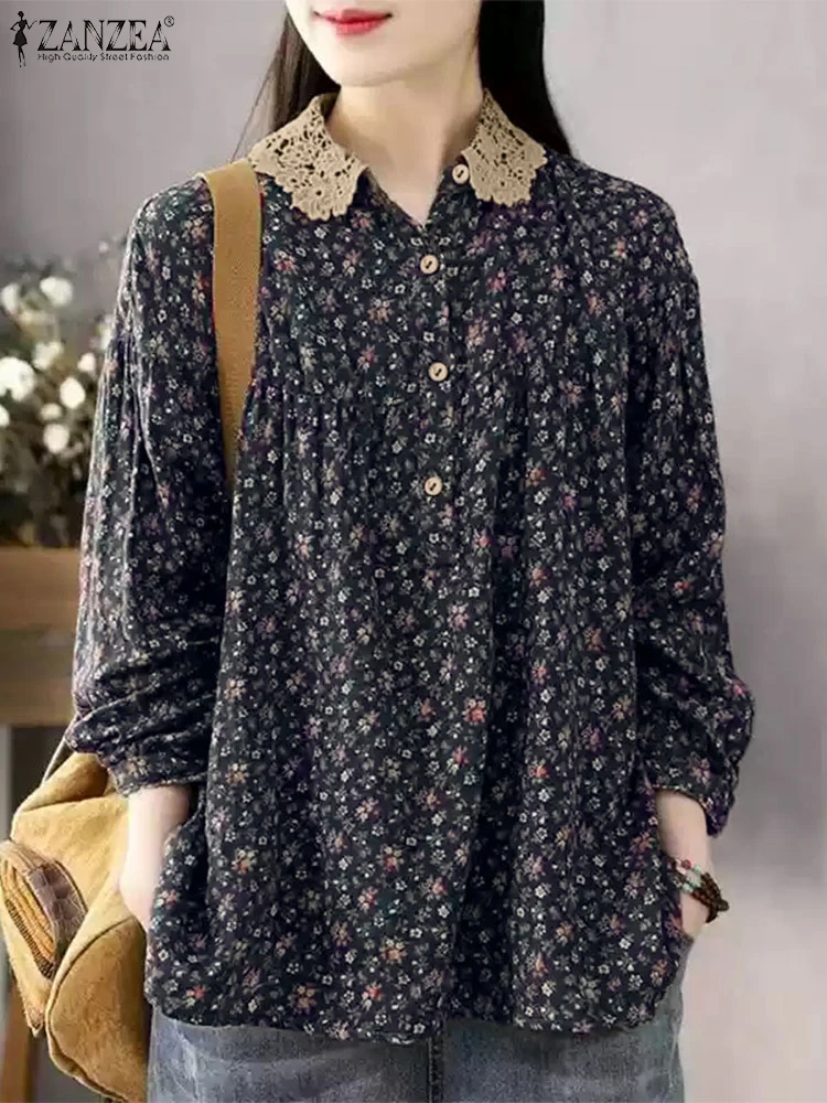 ZANZEA Кружевная блузка с воротником Питера Пэна и цветочным принтом в Корейском