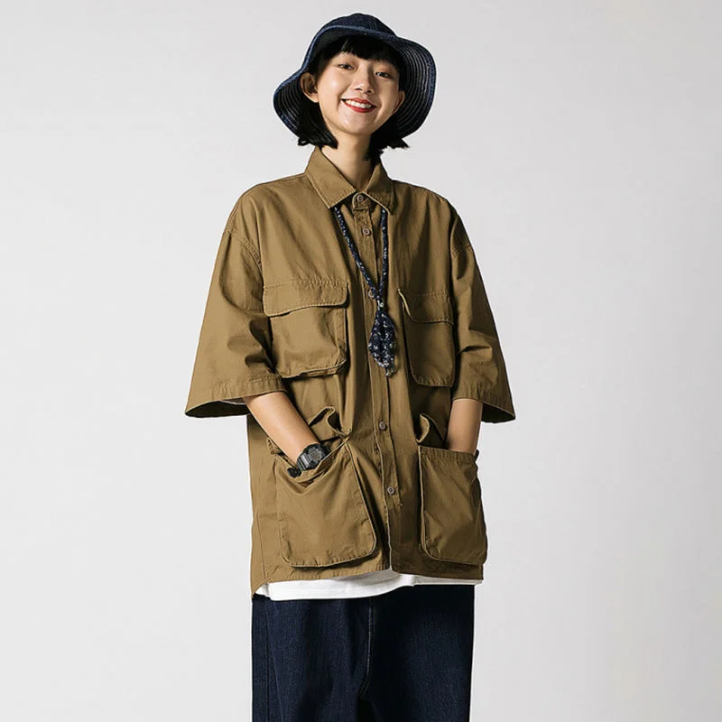 

2022 Summer Retro Loose Safari Short Sleeve Collared Womens Shirt Women's Unisex Shirt Cottagecore Vintage Shirts For Women