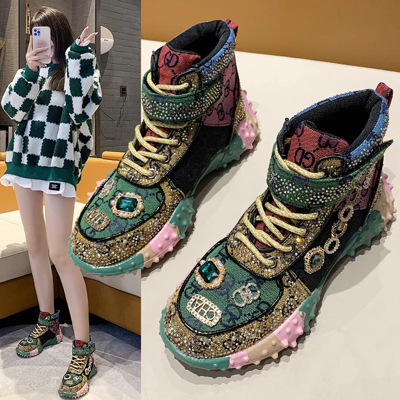 Women's Shoes Colorful Rhinestone Retro Sneakers Sole Elevated Comfortable Breathable Casual Shoes Luxury Designer Platform Shoe