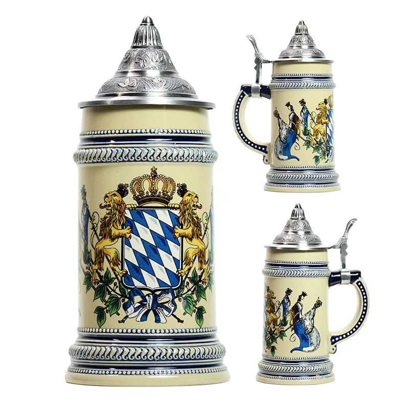 

Beer Mug Ceramic with Matel Pewter Lid German Oktoberfest Embossed Landscape Personality Cup home and BarClub Decorations