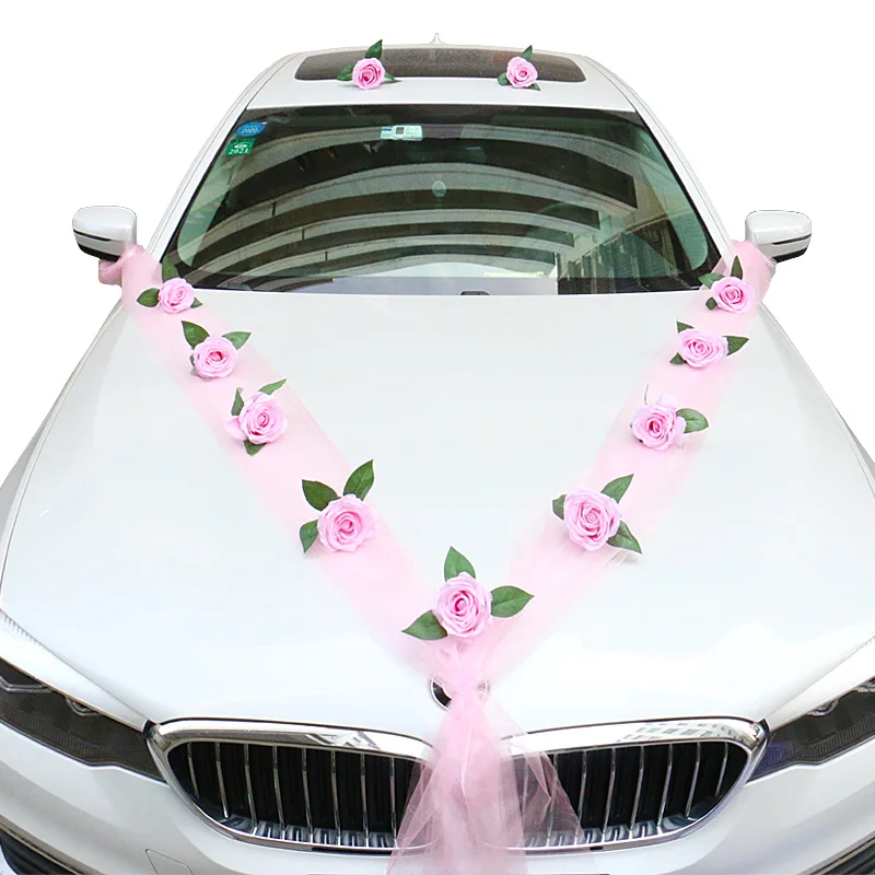 White Rose Artificial Flower for Wedding Car Decoration Bridal Car Decorations Door Handle Ribbons Silk Flower