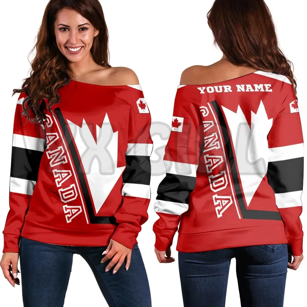 YX GIRL Custom Name Canada Women's Off Shoulder Sweater Hockey  3D Printed Novelty Women Casual Long Sleeve Sweater Pullover