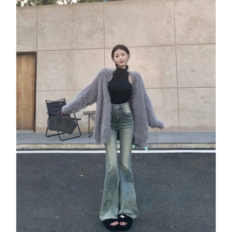 

Винтажные синие женские расклешенные брюки с высокой талией, джинсы, американская мода, уличная одежда, джинсы с широкими штанинами, женские джинсовые брюки, мешковатые джинсовые брюки