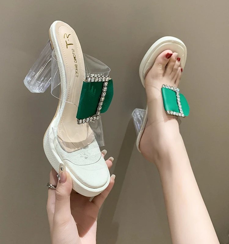 

Slippers Casual Transparent Heel Summer Women's Shoes Heeled Mules Square Toe Slides Pantofle Platform Luxury High 2023 Soft Rub