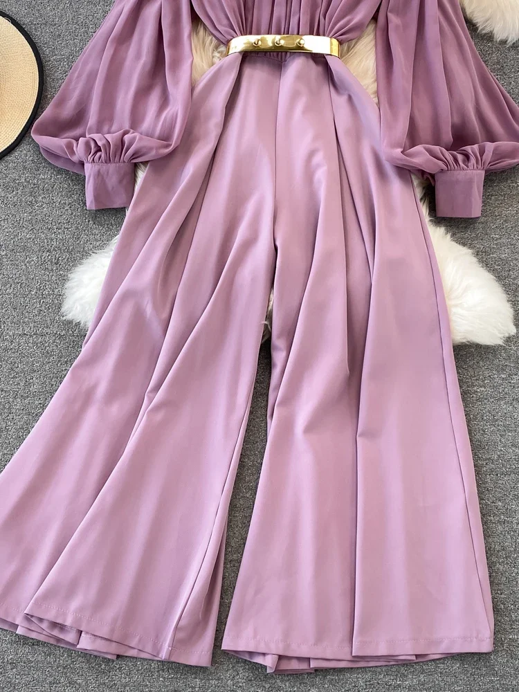 Женский комбинезон с завышенной талией винтажный длинными рукавами-фонариками и