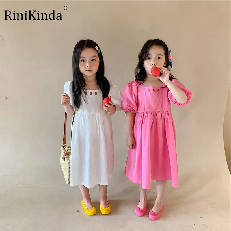 

RiniKinda 2022 Summer Girls' Embroidered Dress Retro Square Collar Skirt Children Skirt Bubble Sleeve Girl's Princess Dress