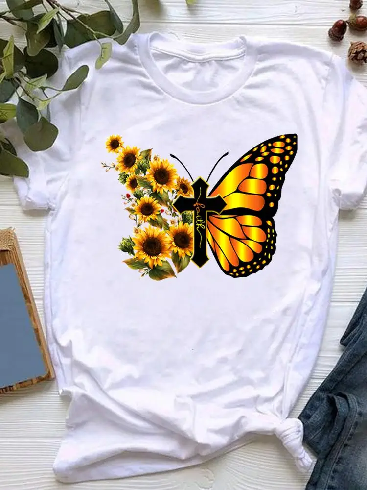 

Summer Women Butterfly Faith Trend Clothes Graphic T-shirt Clothing Short Sleeve Fashion Kawaii Basic Tee Top Print T Shirt