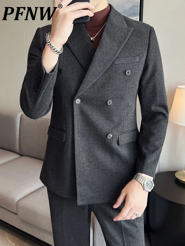 

PFNW Men's Slim Double Breasted Blazer Thicken Fabric Solid Color Casual Fashion Fit Comforta Autumn Tide Chic Suit Set 12A5648