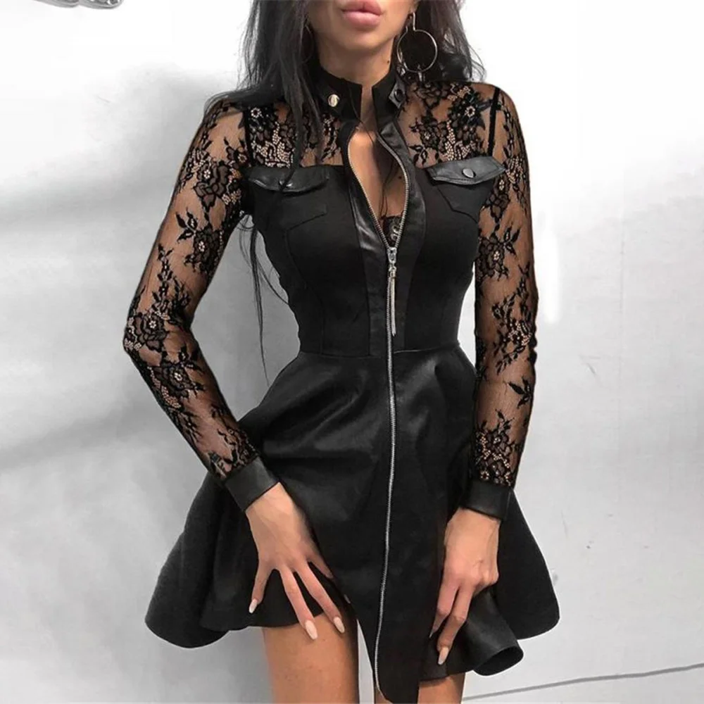 

2023Elegant casual slim sexy dress, Women Autumn Causal Long Sleeve Mini Dress Lace Dots Houndstooth PU Zipper Patchwork Slim Fa