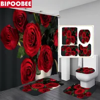3D Bathroom Curtain Beautiful Red Rose Flower Shower Curtains with Hooks Bath Mat Pedestal Non-Slip Rug and Toilet Cover Carpet