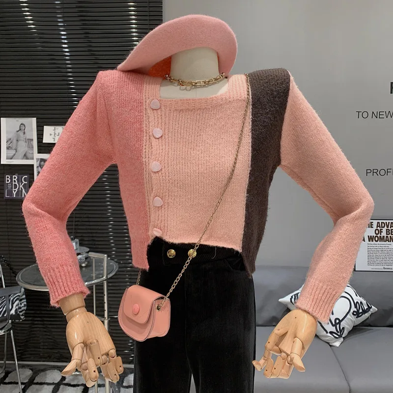 

Luxury lazy contrasting color patchwork Diagonal button square collar slimming versatile knitted cardigan sweater top for women