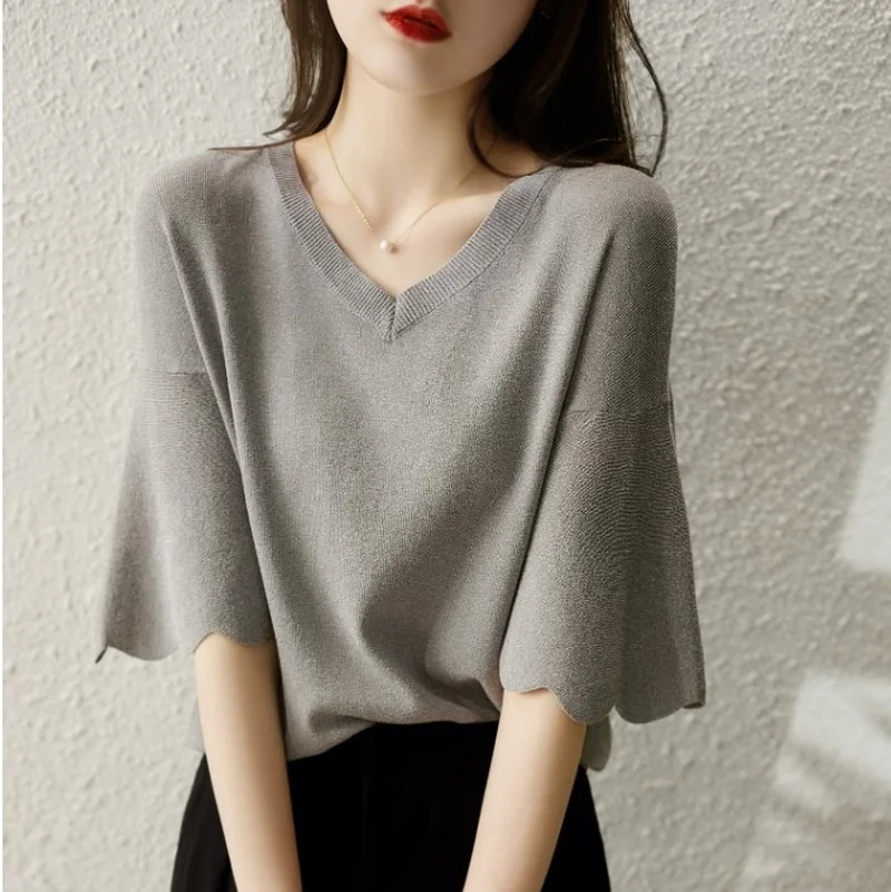 

Flutter Petal Sleeve V Neck Top Women Summer Knitted T Shirt Loose Short Sleeve Ice Silk Knitted TShirt Thin