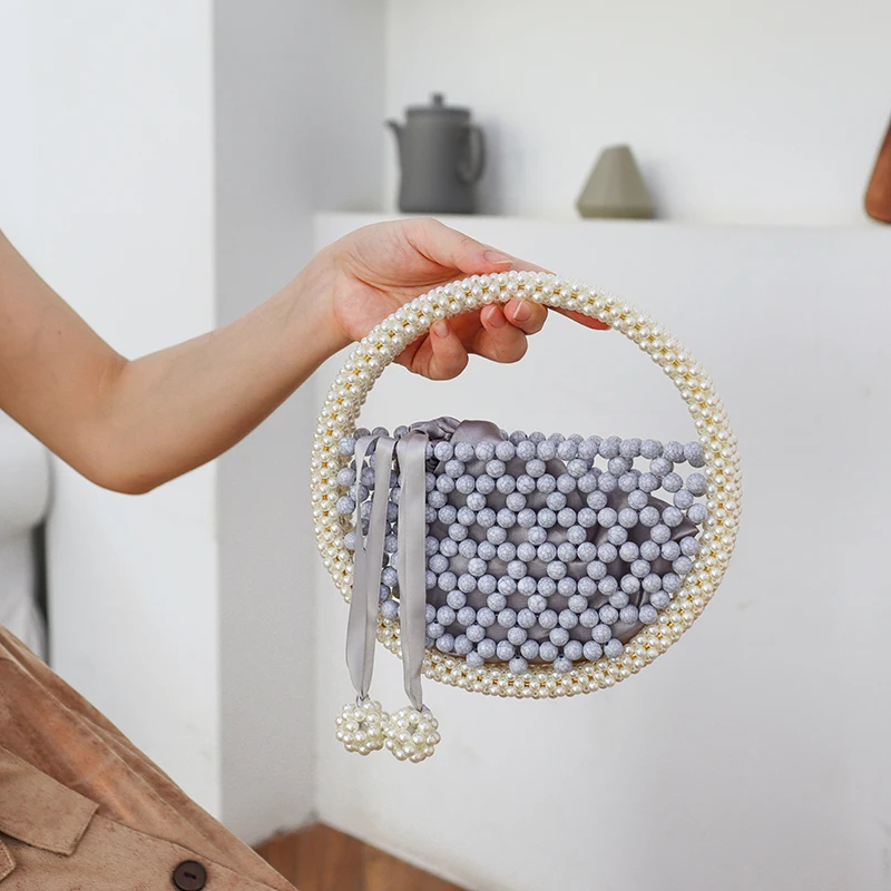 Fashion Hand-woven Beaded Bag for Women Pearl Chain Crossbody Bag Round Handle Evening Party Handbag Dinner Clutch Purses Female