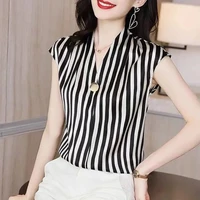 fashion striped v neck button loose short sleeve chiffon shirt summer casual pullovers plus size women clothing commute blouse