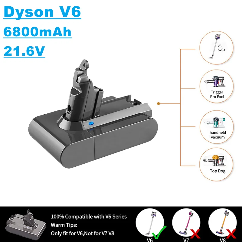 

V6 vacuum cleaner battery, 21.6v 6800mah, suitable for Dyson V6 series dc62, dc58, dc59, sv09, sv07, sv03, sv05, dc74, etc