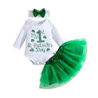 3pc st patricks day outfit baby girls clover letter print long sleeve round neck bodysuit tulle skirt with sequin bow headband