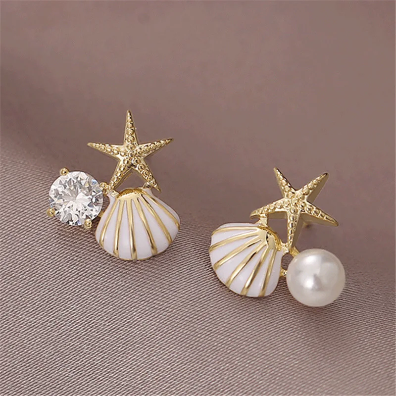 

Delicate Sparkling Micro Inlaid Zircon Faux Pearl Shell Starfish Stud Earrings Women Fashion Cute Party Ball Jewelry