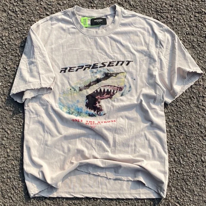 

Represent Only The Strong Survive T Shirt 1:1 High Quality Shark Graphic Represent Tee Vintage Wash Tops Broken Collar T-Shirt