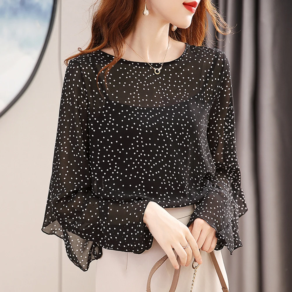 

Women's Polka Dot Round Neck Chiffon Shirts Elegant Ruffles Top Women 2022 New Ladies Casual Loose Blouses With Camisole Vest
