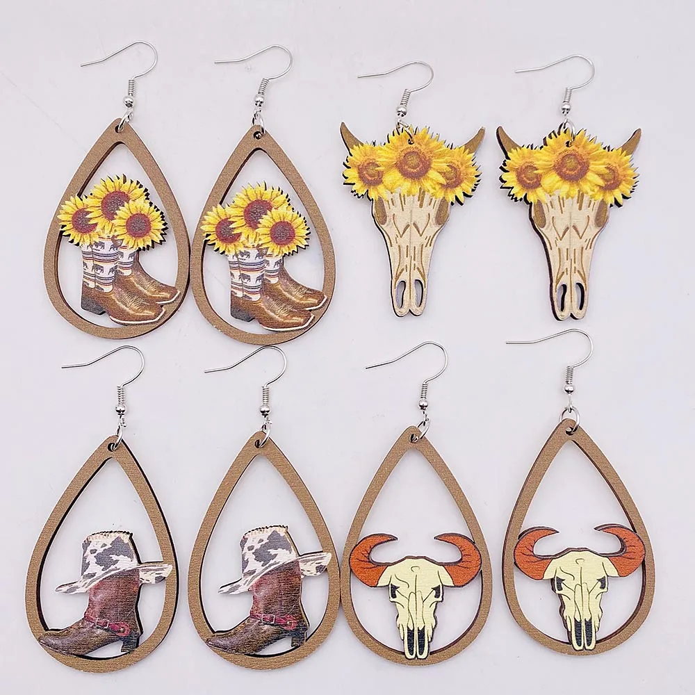 

Western Cowboy Cowgirl Earrings Wooden Sun Flower Bull Head Boots Girl Women Jewelry Accessories Pendant Gift