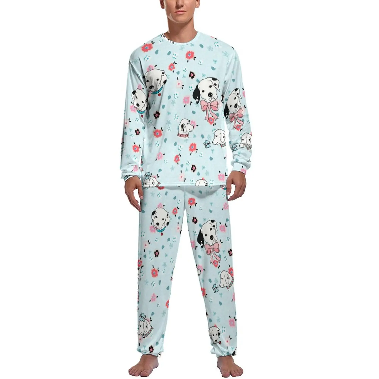 Cute Dalmatian Puppy Pajamas Autumn 2 Pieces Floral Print Fashion Pajama Sets Men Long Sleeve Home Graphic Nightwear